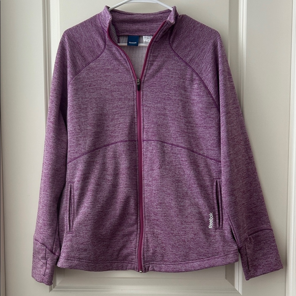 Reebok Heathered Purple ZipUp band collar Jacket deep pockets thumbhole size XL